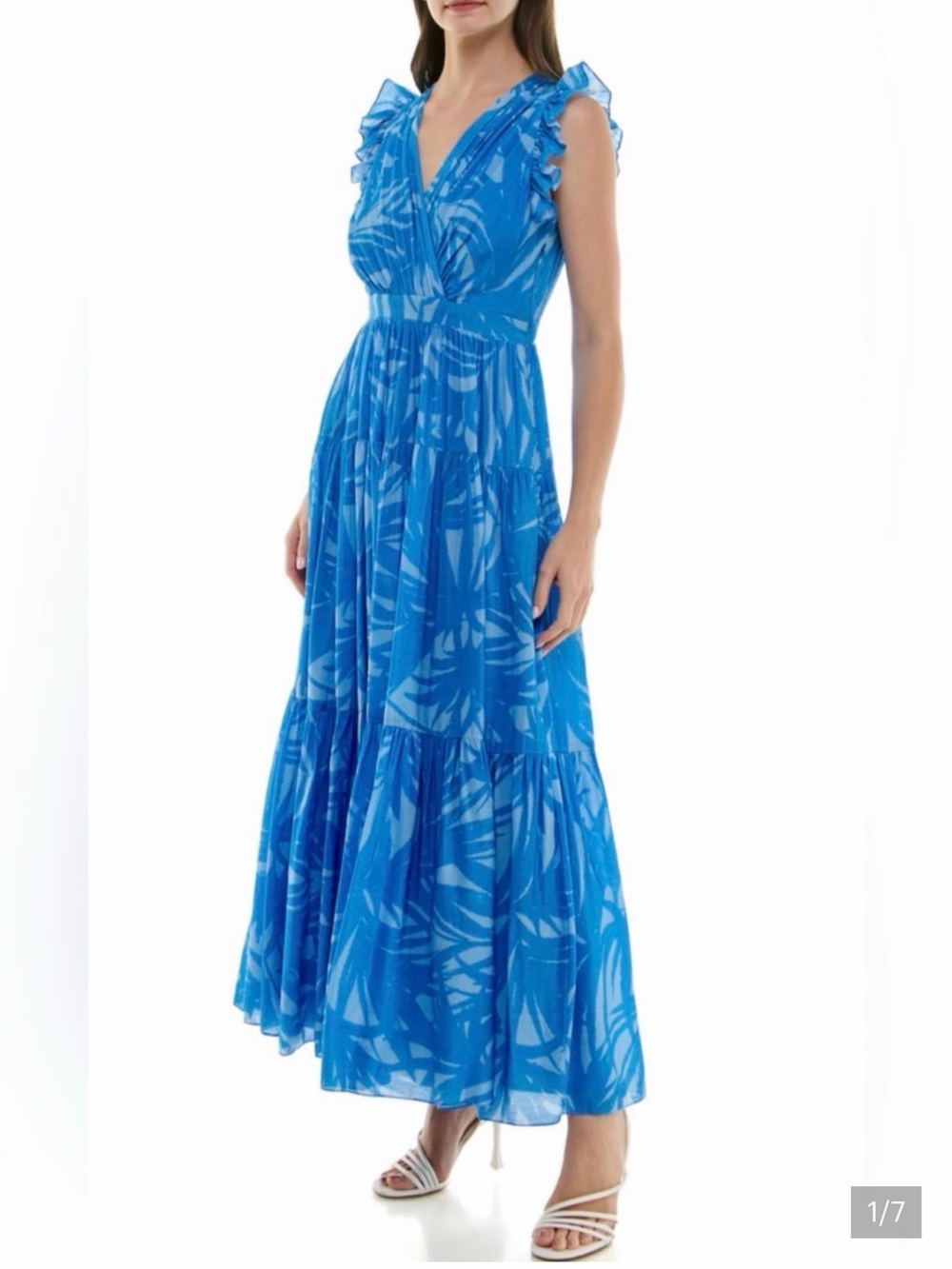 Taylor Blue Leaf Print Ruffle Sleeve Tiered Resortwear Maxi Dress Sz 10‎